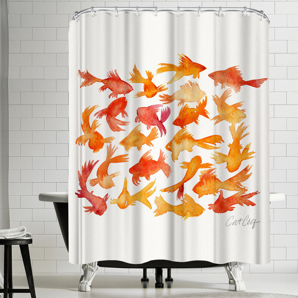 orange and white shower curtain