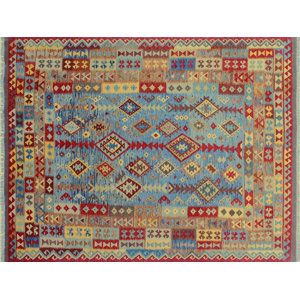 Aulay Kilim Hand-Woven Blue Premium Wool Area Rug