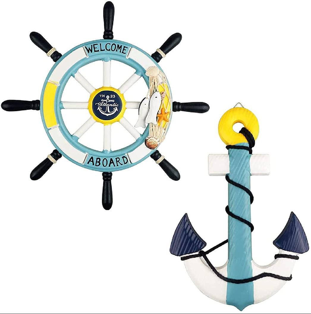 2 Pack 11" Nautical Beach Wooden Ship Wheel and 13" Wood Anchor with Rope 5 