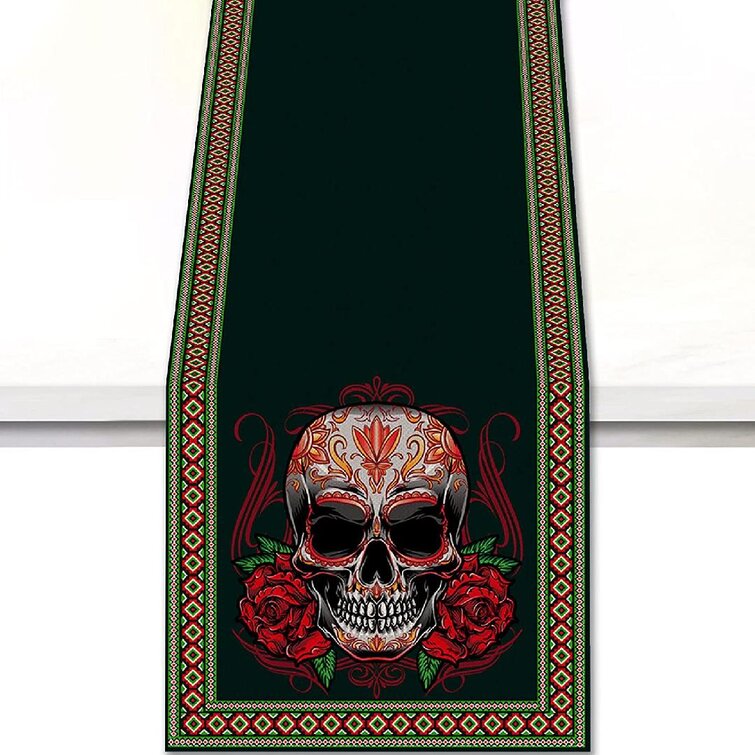 Mexican Day of The Dead Table Runner Mexico Dia De Los Muertos Colored Sugar Skull Floral Style Design Table Cover Wedding Dining Room Kitchen Indoor Outdoor Holiday Home Party Table Decoration 