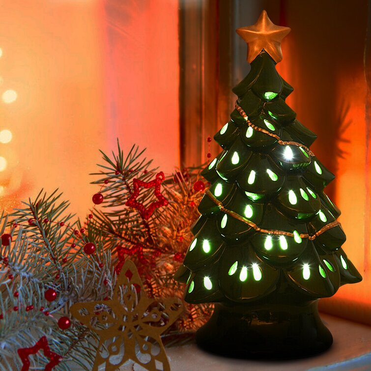 11.5" Pre-Lit Ceramic Christmas Tree Tabletop Hollow Top Star w/ LED Light Green 
