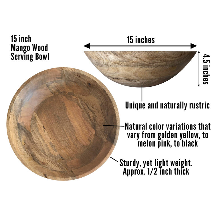 Wooden Salad Bowl And Servers - XL Wooden Serving Bowl For Bread Making, Fruit, Popcorn, Pasta - Extra Large 15