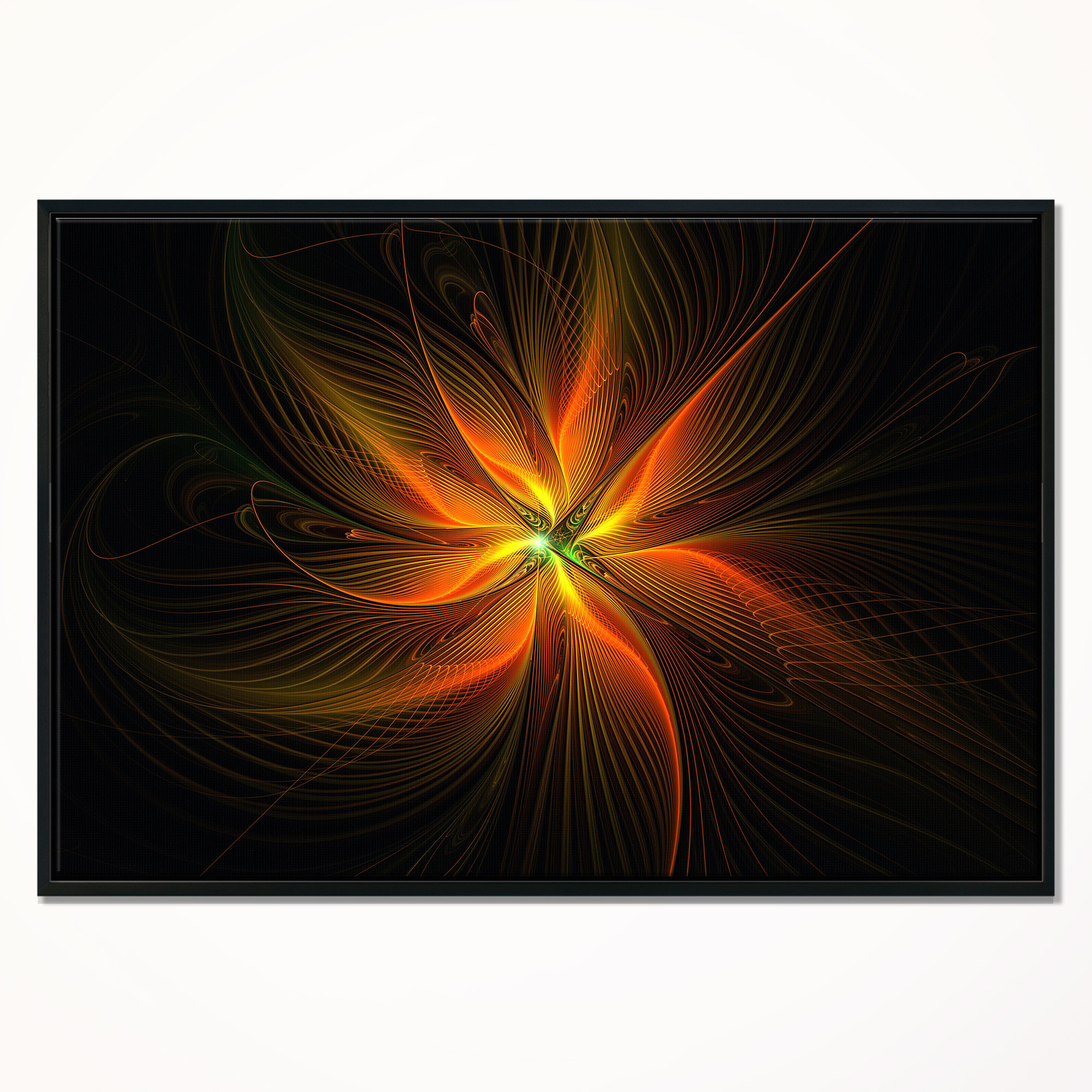 East Urban Home Shiny Golden Yellow Fractal Flower On Black Framed Graphic Art Print On Wrapped Canvas