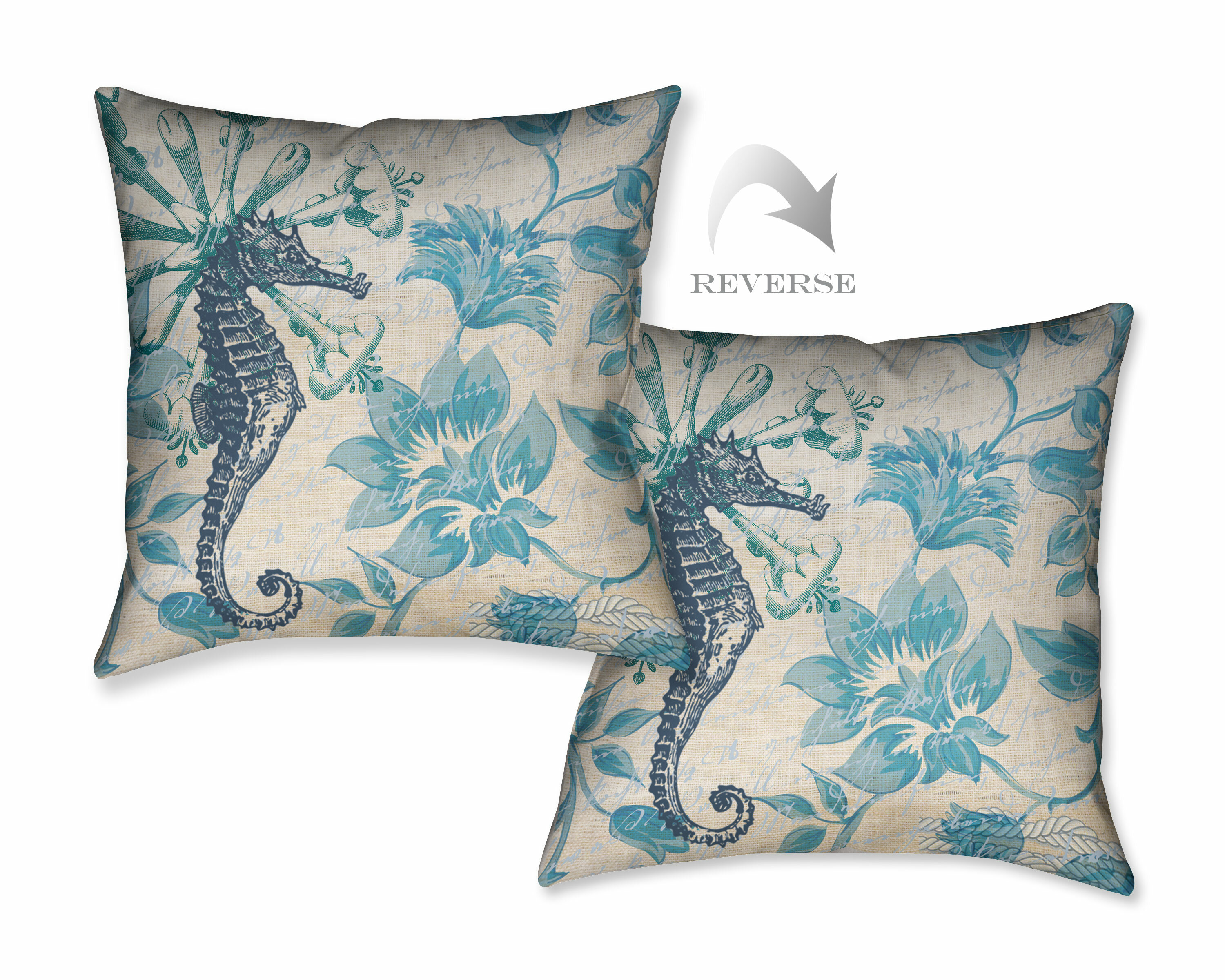 Teal 18-inch X Sea Horses Indoor/Outdoor Throw Pillow Multi Color Character Modern Contemporary Nautical Coastal Polyester One