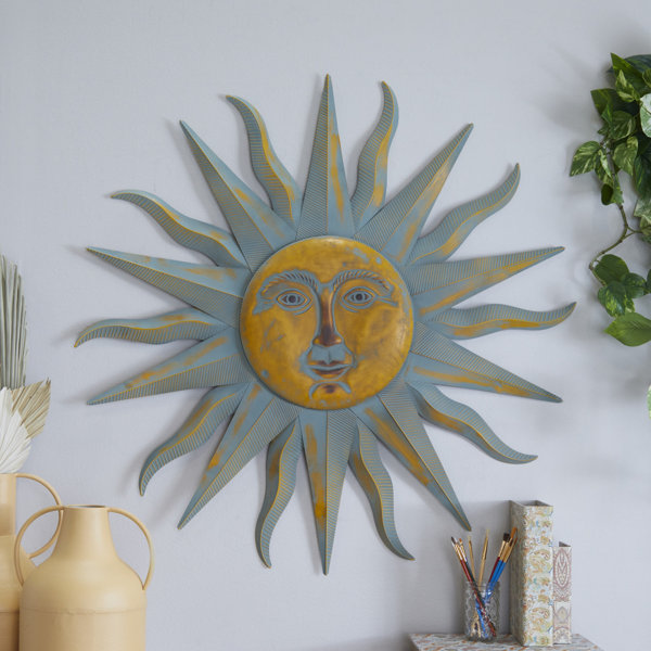 Sun Face Red w/ Gold Distressed Rays Metal & Glass Wall Art Home Decor 