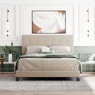 Queen Size Upholstered Platform Bed With Classic Headboard