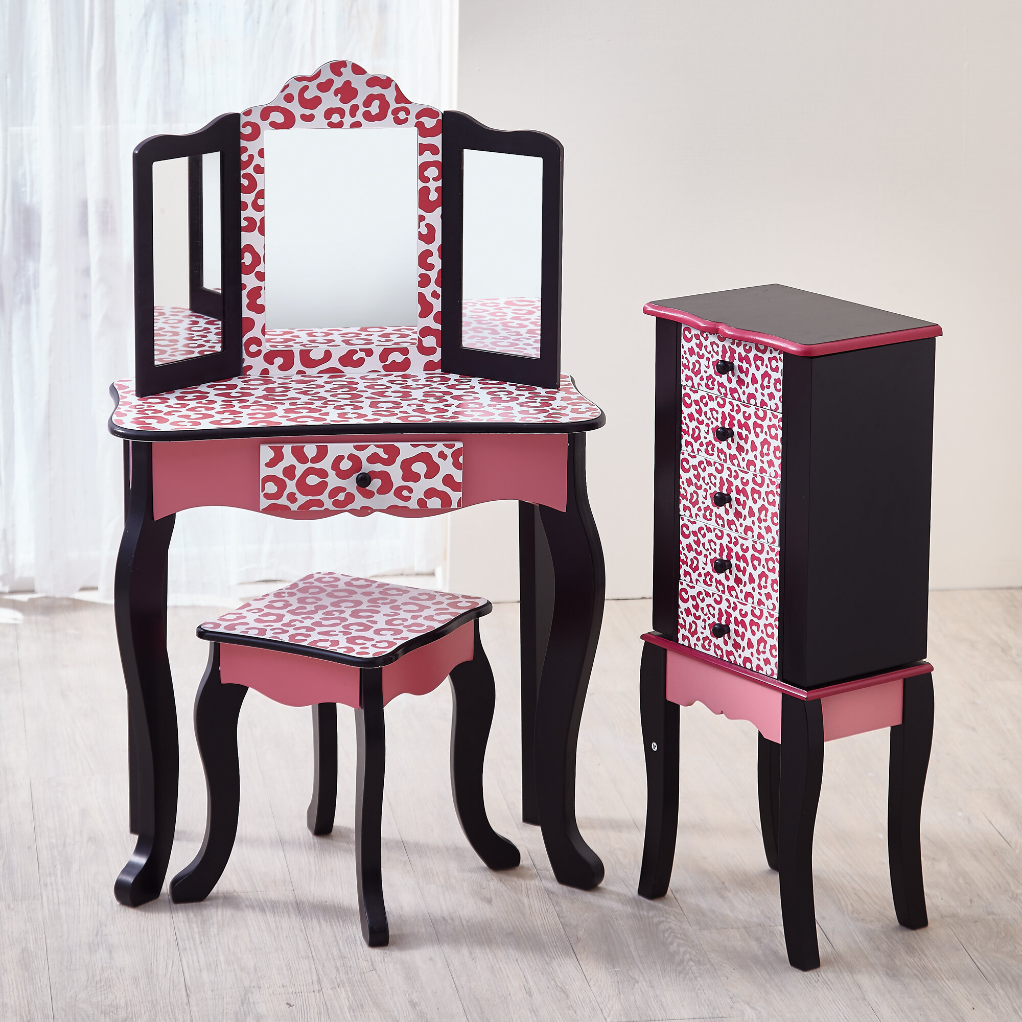 Toys Games Pink Black Ssline Kids Vanity Wooden Makeup Table And