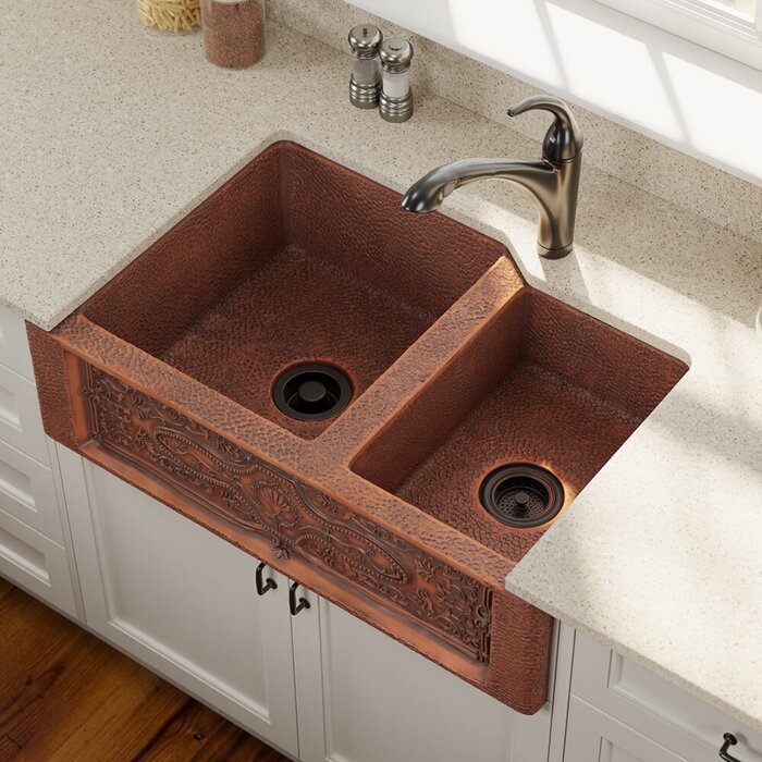 Copper 33 L X 22 W Double Basin Farmhouse Apron Kitchen Sink With Additional Accessories
