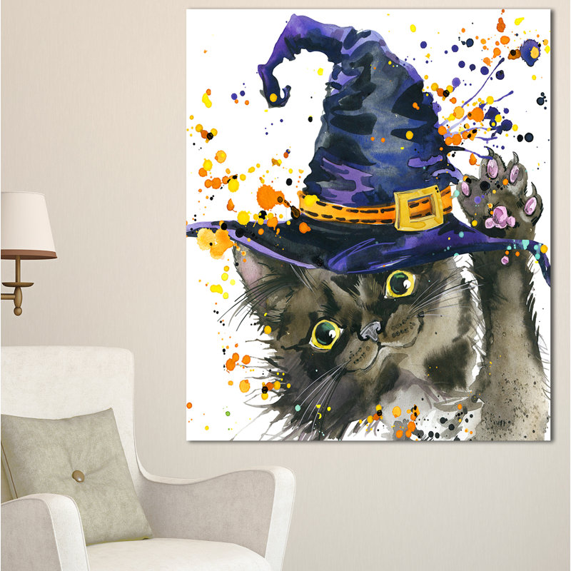 Designart Halloween Cat And Witch Hat Painting Print On Wrapped