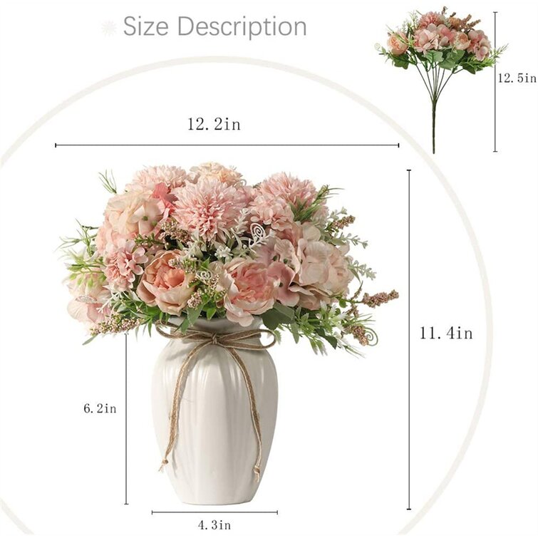 LADADA Fake Peony Flowers in Ceramic Vase,Faux Hydrangea Flower Arrangements for Home Decor Artificial Flowers with Vase 