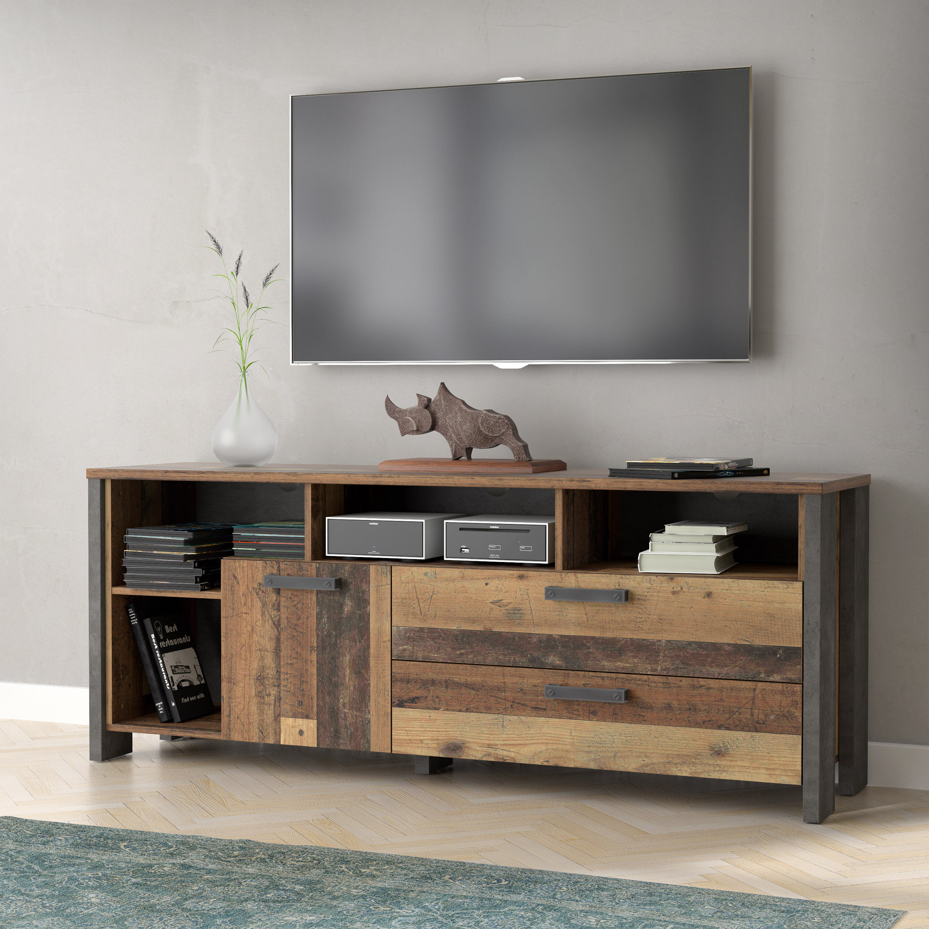 Industrie-Design HOOBRO TV-Tisch für Fernseher bis 43 Zoll leicht zu montieren Lowboard Fernsehtisch mit offenen Regalen Wohnzimmer Schlafzimmer TV-Regal mit Schubladen Vintage EBF51DS01 