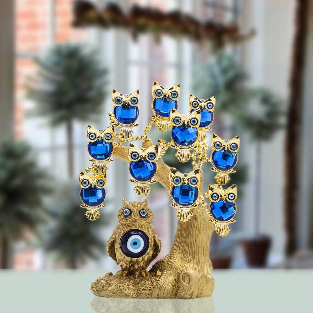 Feng Shui Gold Lucky Tree with Adjustable Branches Evil Eye Flowers Money Fortune Pot for Home Office Decoration Protection 