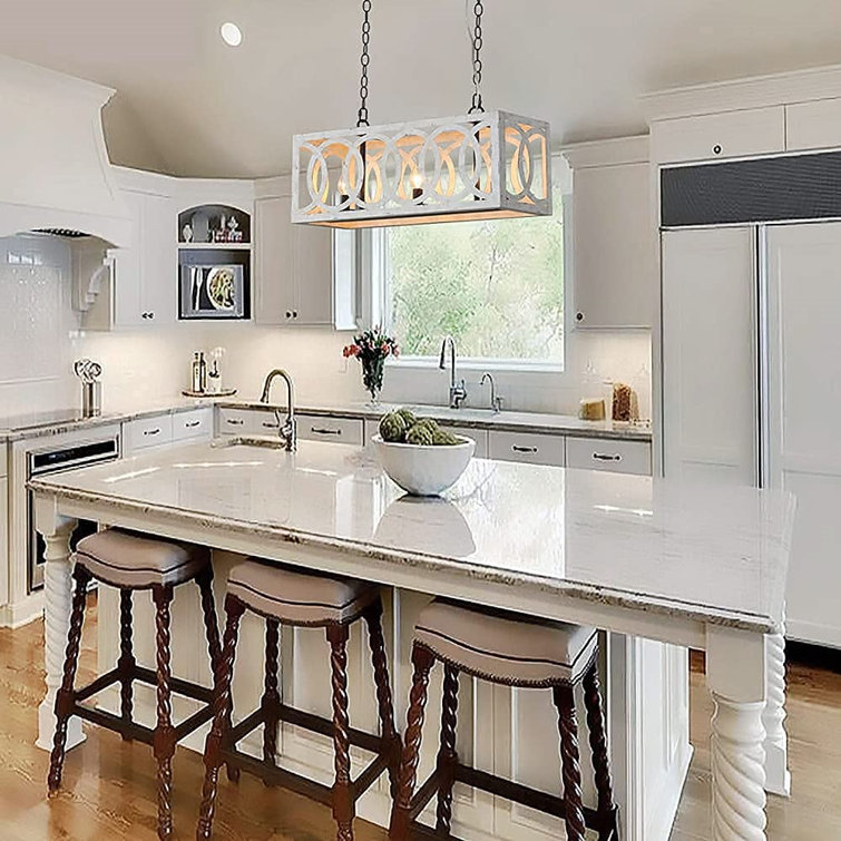 Wood French Country Dining Room Chandelier, Rectangular Linear Farmhouse Pendant Light, Modern Distressed White Metal Kitchen Island Light Fixtures ...