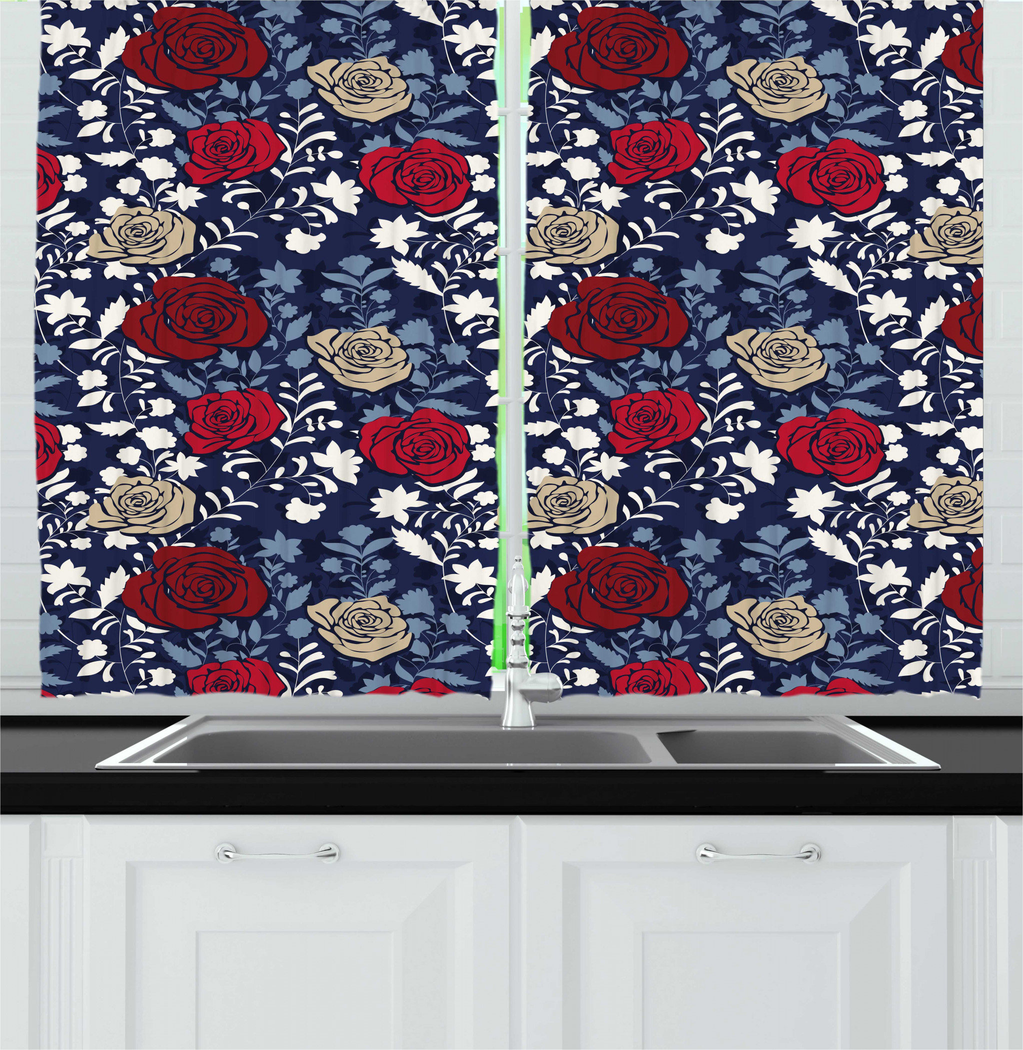East Urban Home 2 Piece Jacobean Romantic Pattern Of Botanical Silhouettes And Blooming Roses Garden Art Kitchen Curtain Set Wayfair