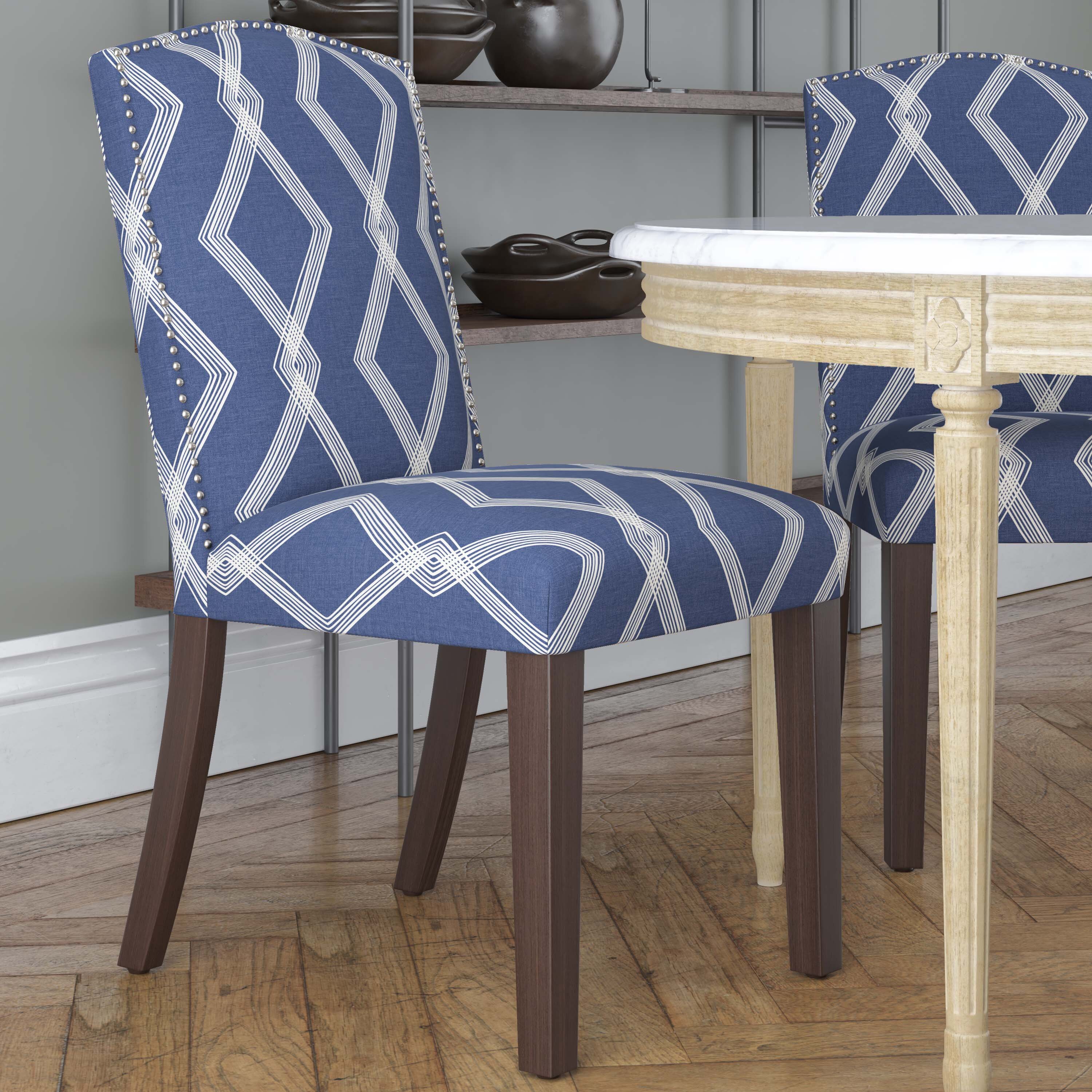 blue patterned dining chairs