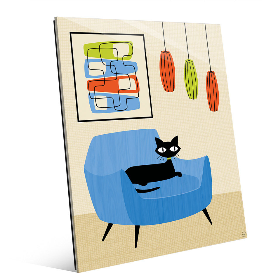 Retro Cat In Chair Graphic Art Print On Glass
