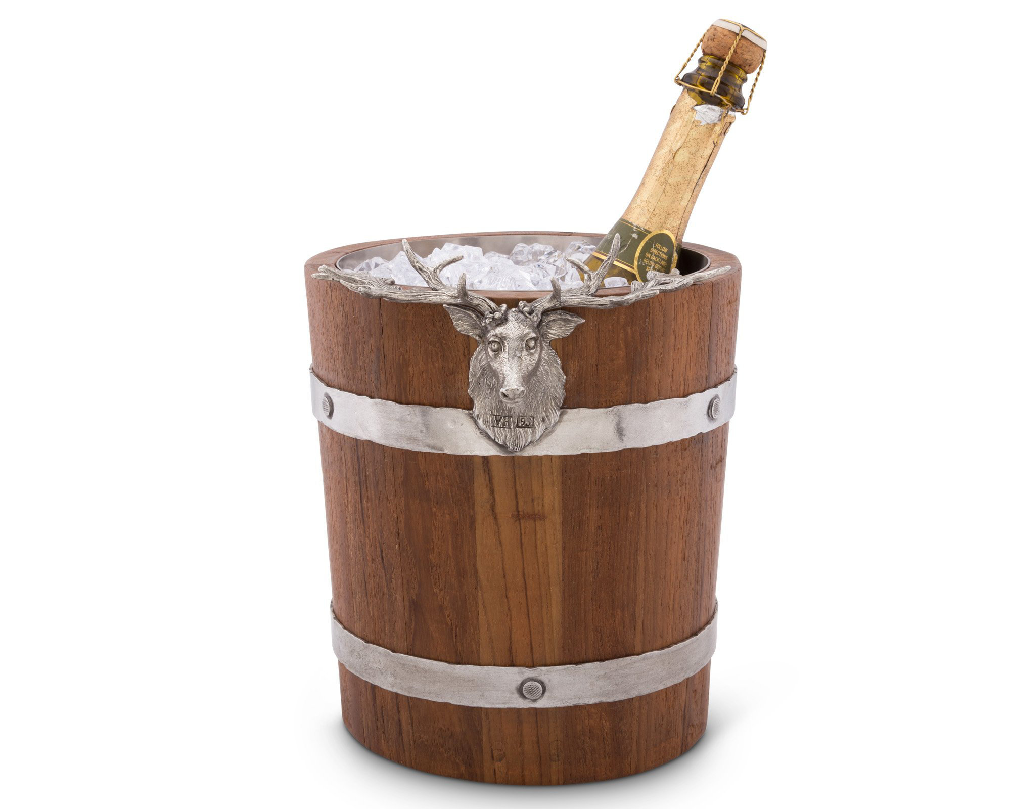Teak Wood Ice Bucket with Elk Deer Heads and Antlers