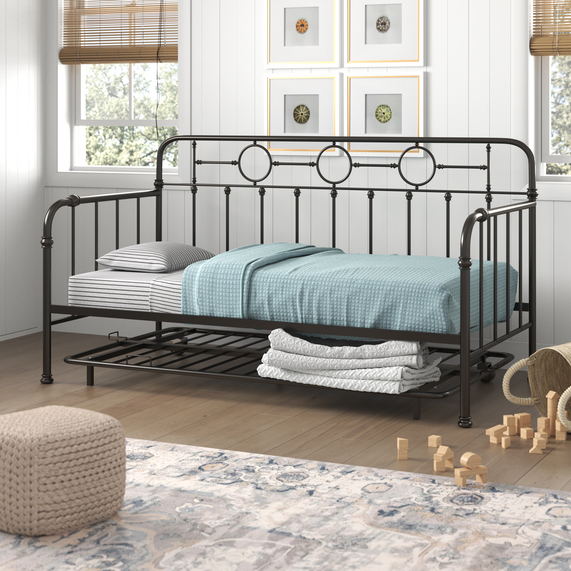 Twin Over Full Metal Bunk Bed Metal Frame Daybed with Trundle White Gray 