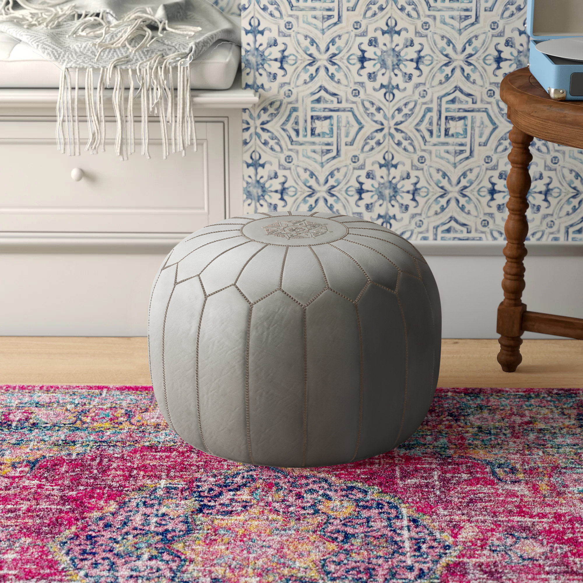 Mistana™ Cherise 20'' Wide Genuine Leather Round Pouf Ottoman & Reviews