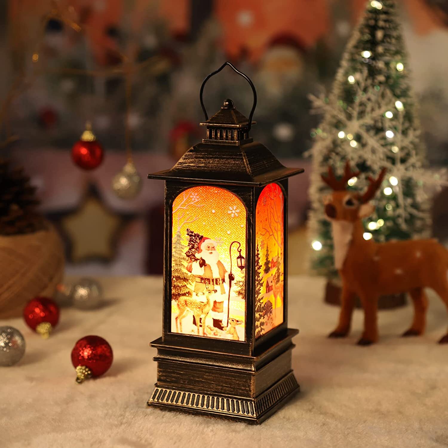 Silver Glass Christmas Tree Snow Globe Lantern Glitter Decoration Festive Home
