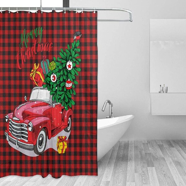 Christmas Truck Shower Curtain Set Waterproof Fabric Bathroom Decor Free Hooks 
