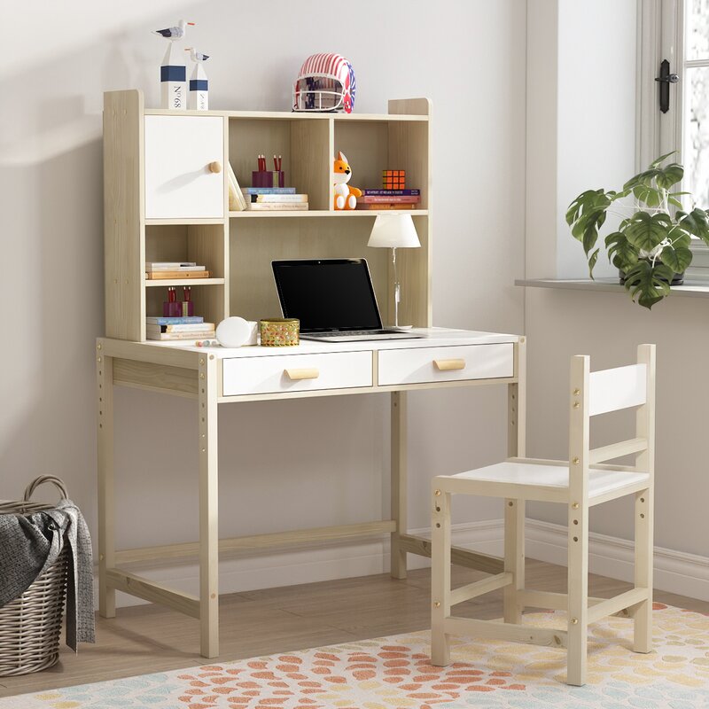 Wooden Student Desk And Chair Set Adjustable Height With Drawers & Bookshelves 