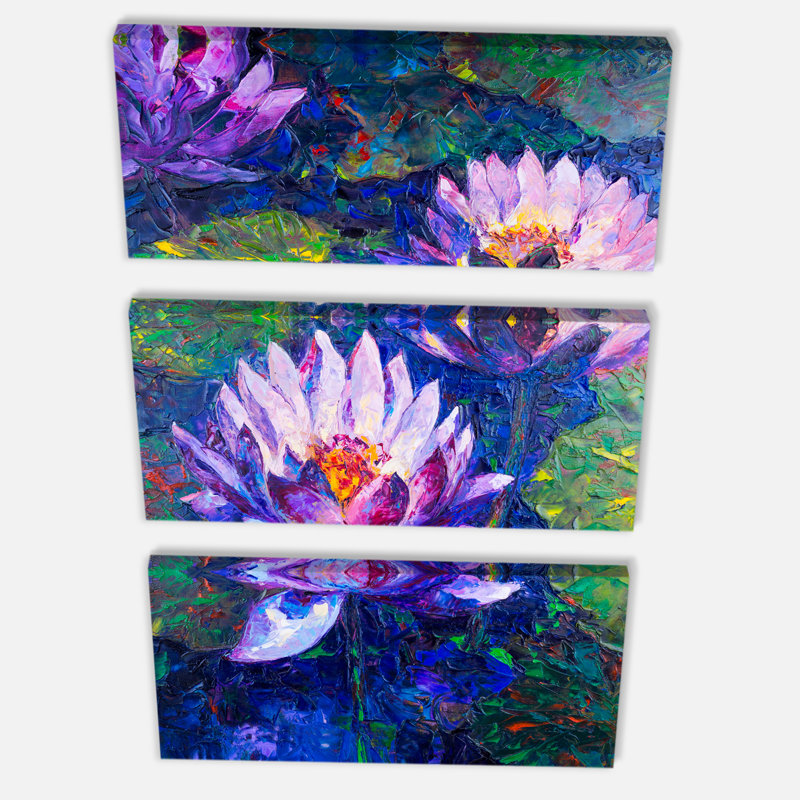 Designart Blue Lotus Oil Painting 3 Piece Painting Print On
