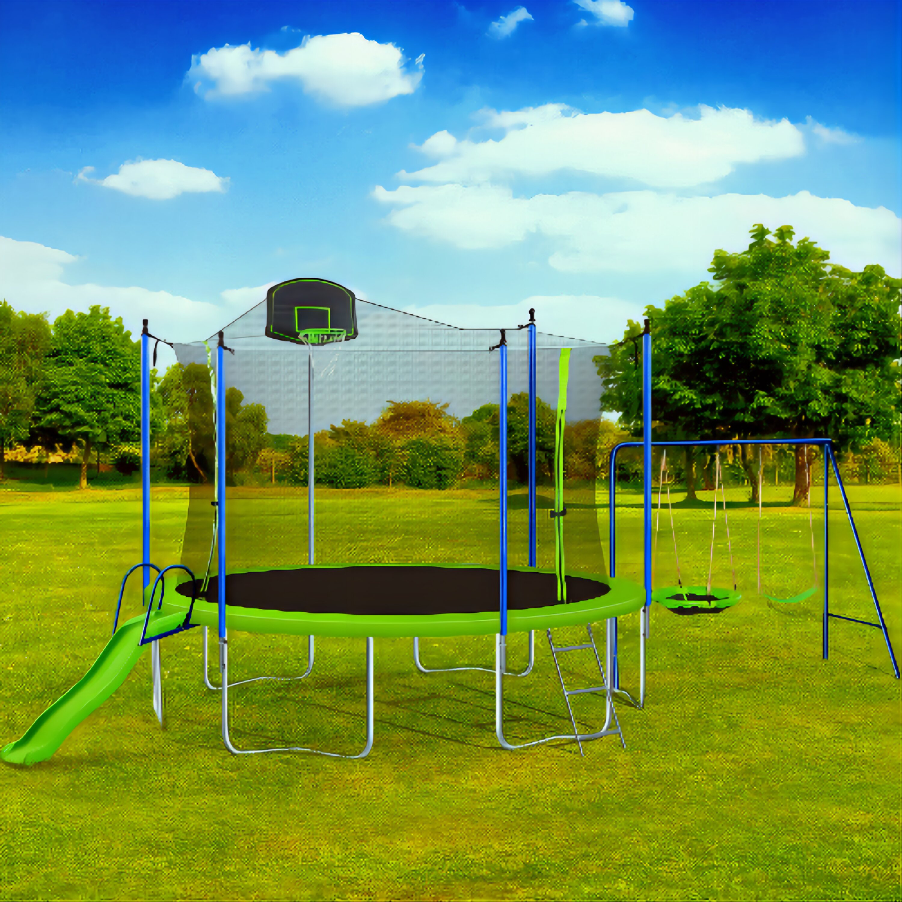 trampoline with slide and swing