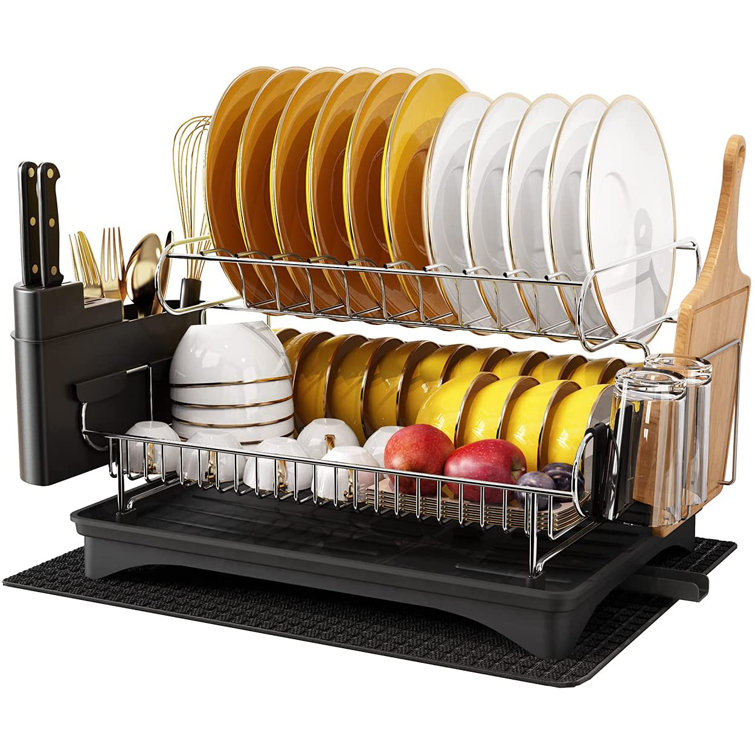Large 304 Stainless Steel Dish Drying Rack With Drainboard (Upgrade 270°  Swivel Spout) For Kitchen Counter Two Tier With Cutting Board/Utensil/Cups  ...