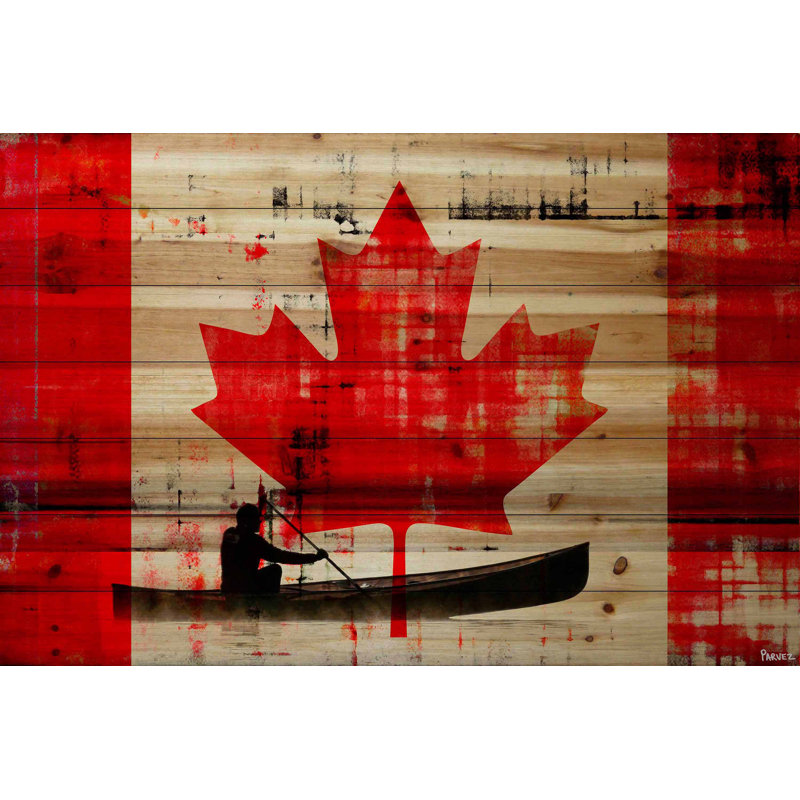 Parveztaj Red Leaf And Canoe Painting Print On Natural Pine Wood