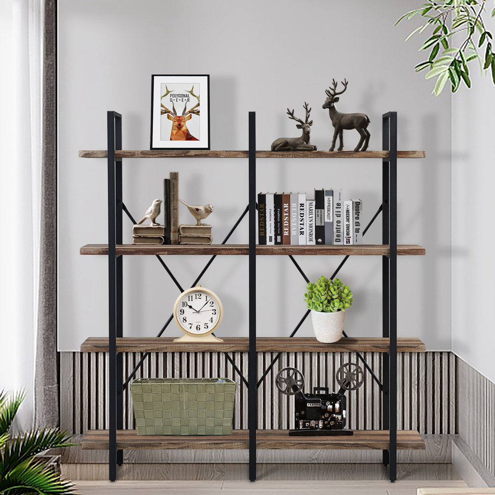 17 Stories Double Wide 4 Tier Bookcase Storage Organizer Industrial Large Open Metal Bookshelf Furniture Etagere For Home Office Vintage Brown Wayfair