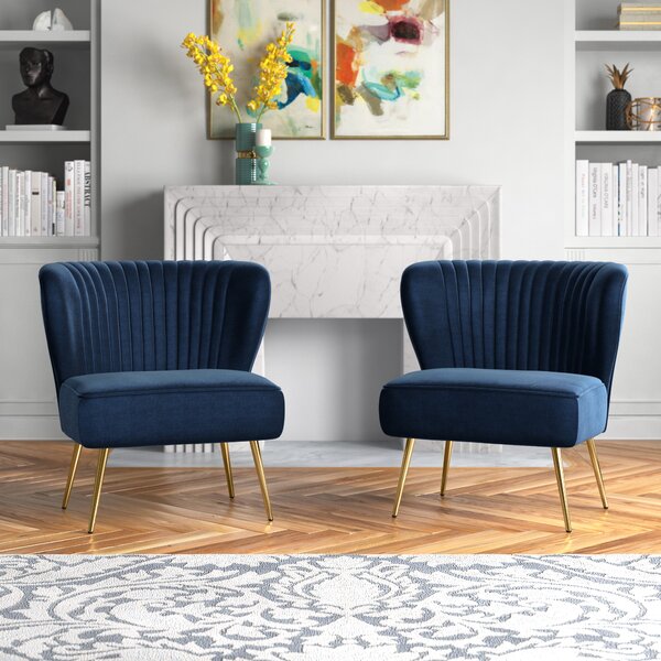 Thickly Padded and Button Tufted Upholstered Leisure Sofa Chair w/Wood Legs Giantex Set of 2 Modern Velvet Accent Chair 2, Blue Armless Wingback Club Chairs for Living Room Bedroom Furniture