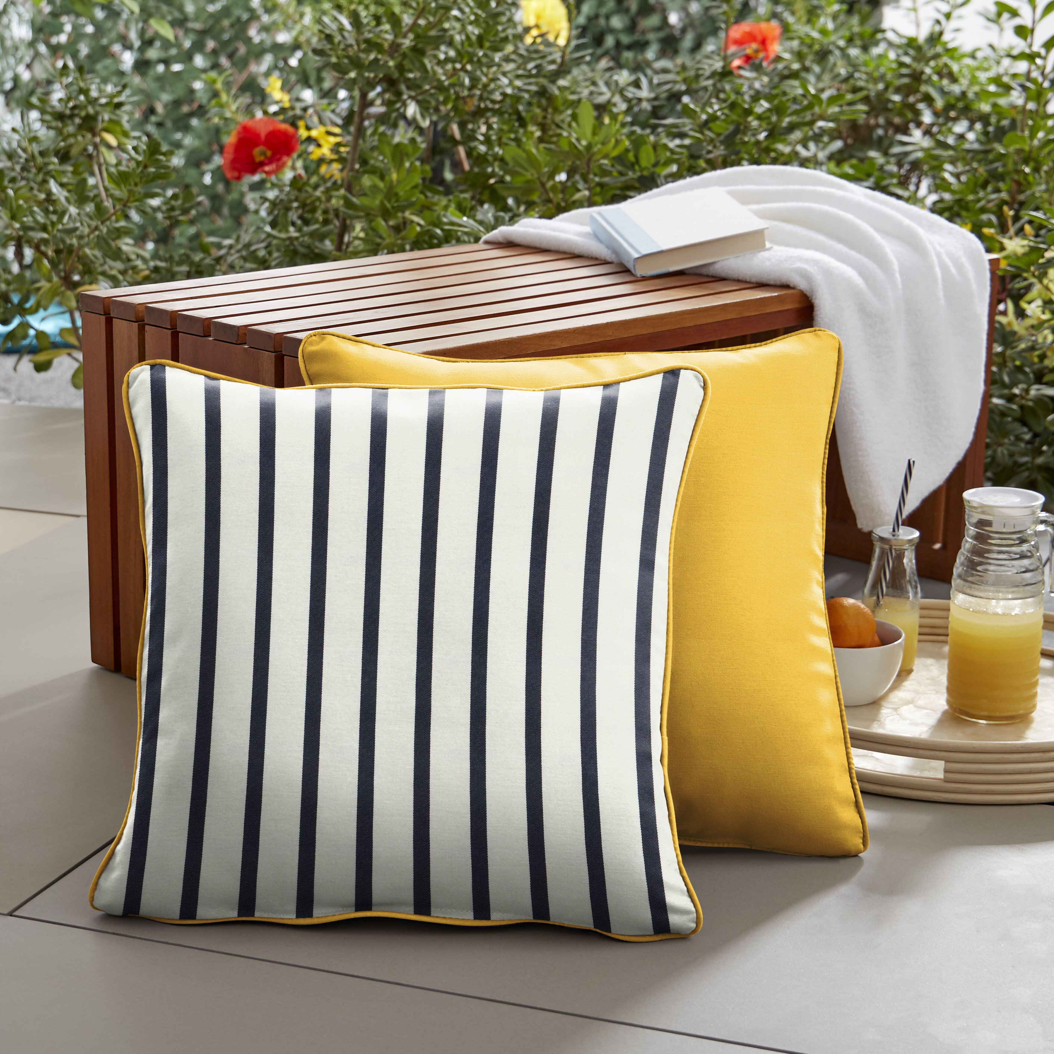 blue and white striped outdoor pillows