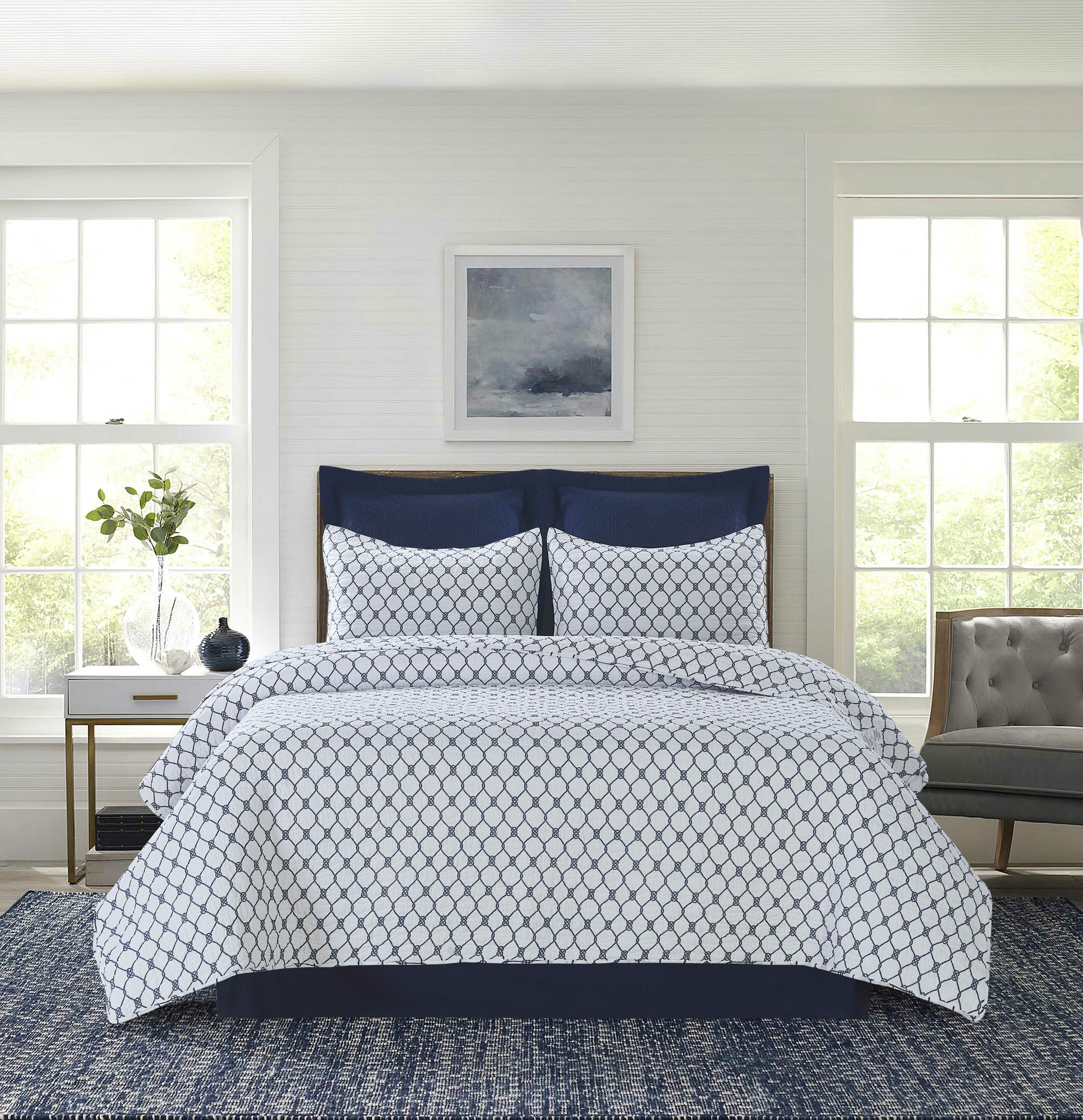 navy and white duvet