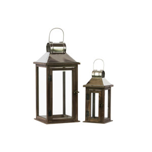 Wood Square Lantern with Chrome Silver Metal Top, Ring Hanger and Glass Windows Set of Two Stained Wood Finish