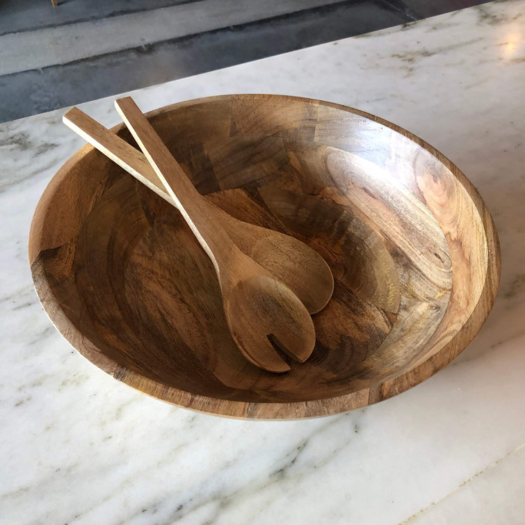 Wooden Salad Bowl And Servers - XL Wooden Serving Bowl For Bread Making, Fruit, Popcorn, Pasta - Extra Large 15
