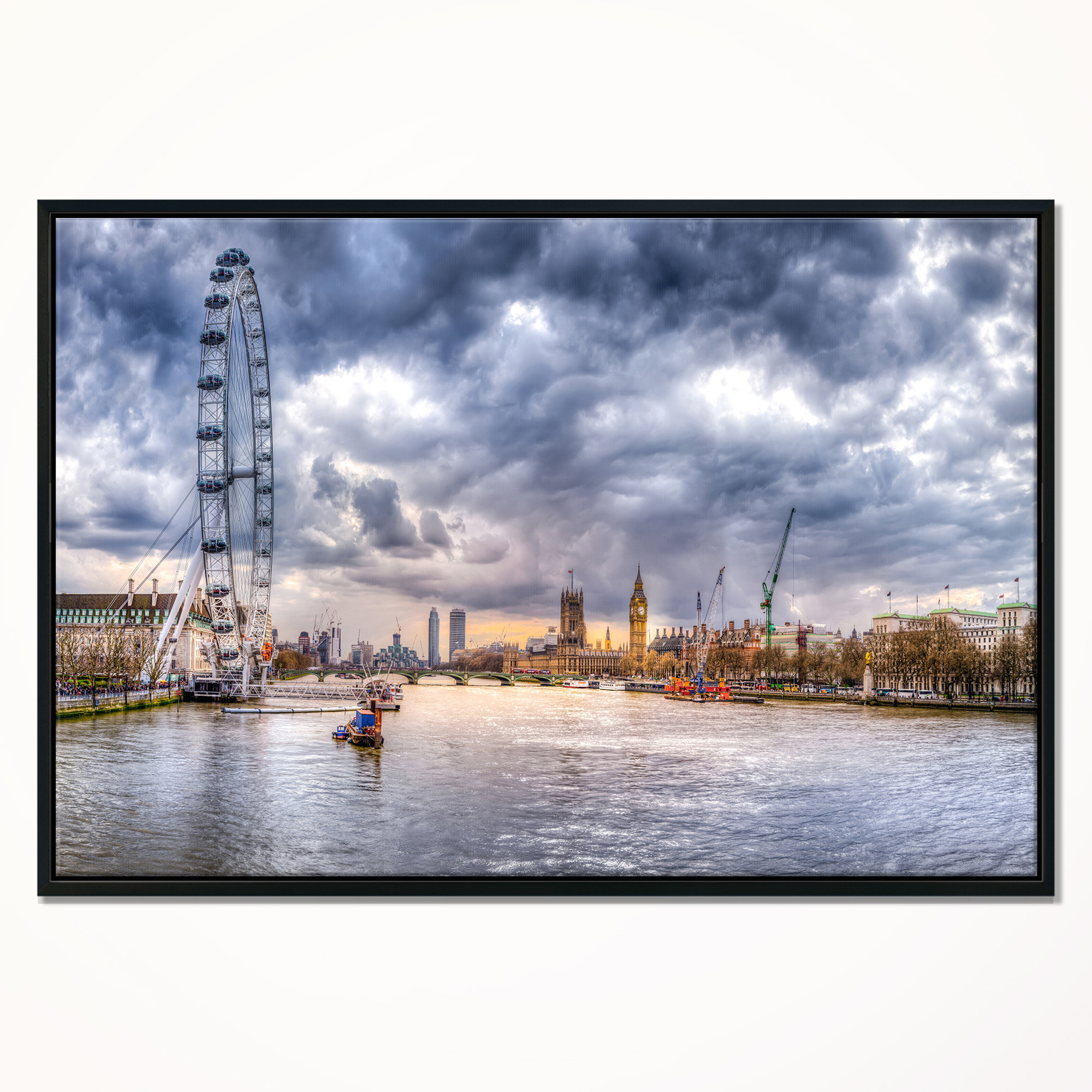 LONDON RIVER THAMES SKY VIEW PRINT ON FRAMED CANVAS WALL ART HOME DECORATION