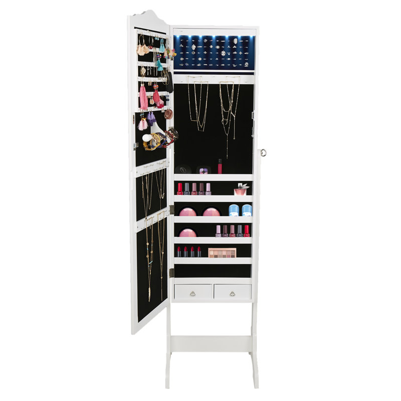 Mind Reader Standing Jewelry Cabinet Mirror With 14 Led Lights Floor Mirror Jewelry Storage Cabinet Necklaces Rings Earrings Bracelets White Reviews Wayfair