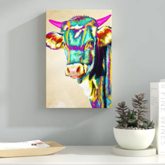 Latitude Run Colorful Glam Cow Wrapped Canvas Acrylic Painting