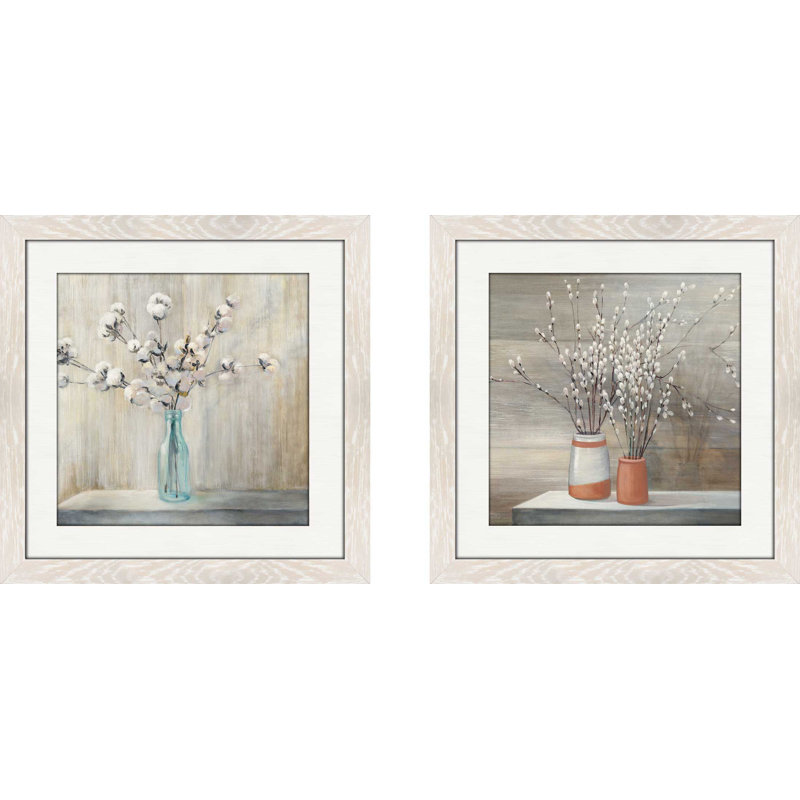 Gracie Oaks Cotton Bouquet 2 Piece Framed Acrylic Painting Print