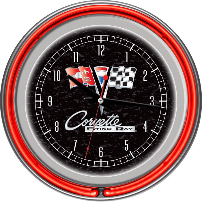 14 in Corvette C2 Red Chrome Double Ring Neon Wall Clock 