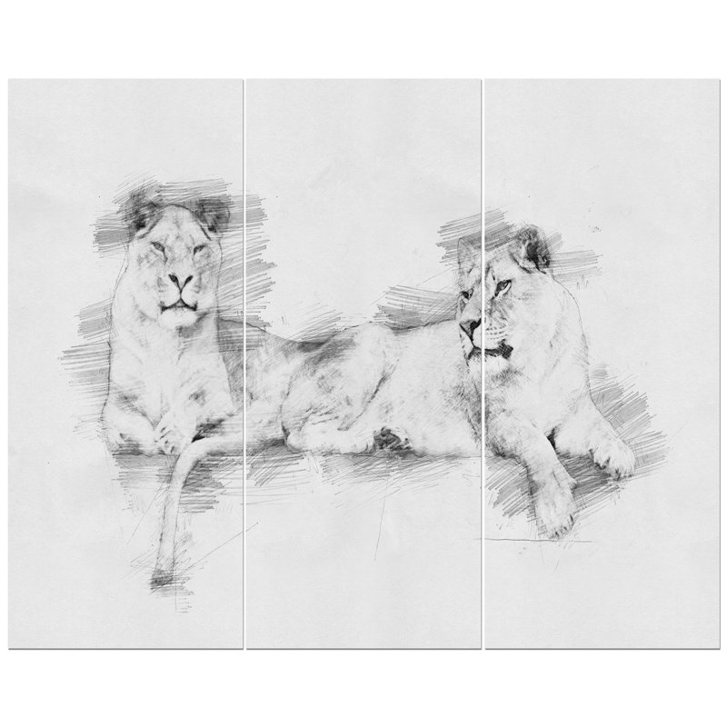 East Urban Home Black And White Lion Pencil Sketch Oil Painting