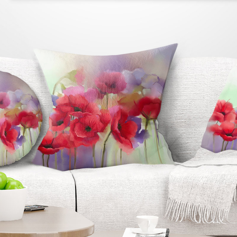East Urban Home Floral Watercolor Poppy Flowers Painting Pillow