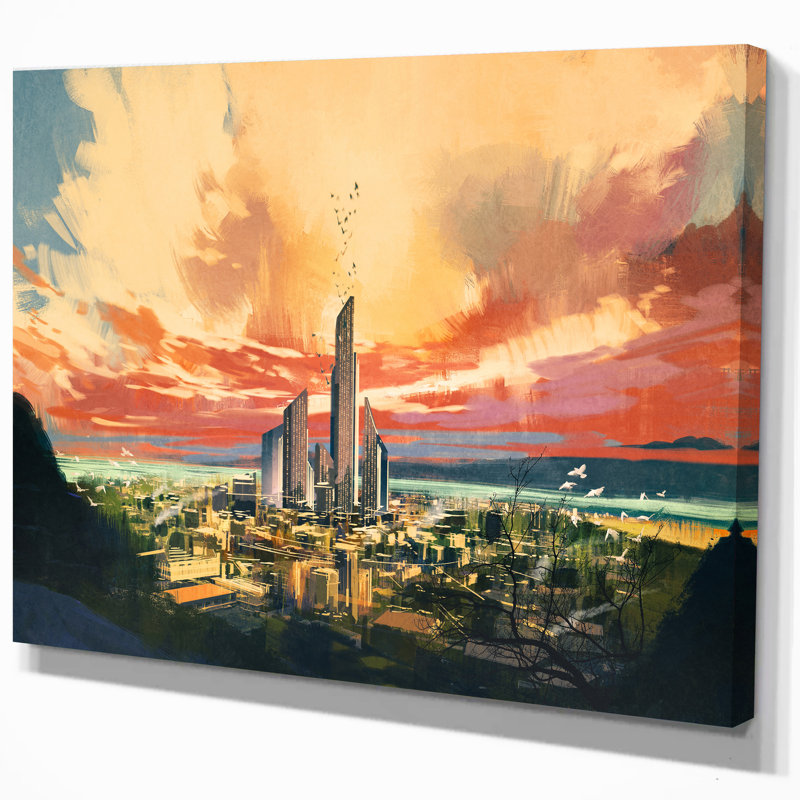 East Urban Home Sunset Futuristic Scifi City With Skyscrapper