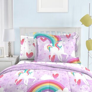 3pcs, Twin Size Blue and Pink Cute Fantasy Cartoon Rainbow for Kids Girls Toddlers Pattern Printed Soft Microfiber Bedding Wake In Cloud Unicorn Comforter Set 