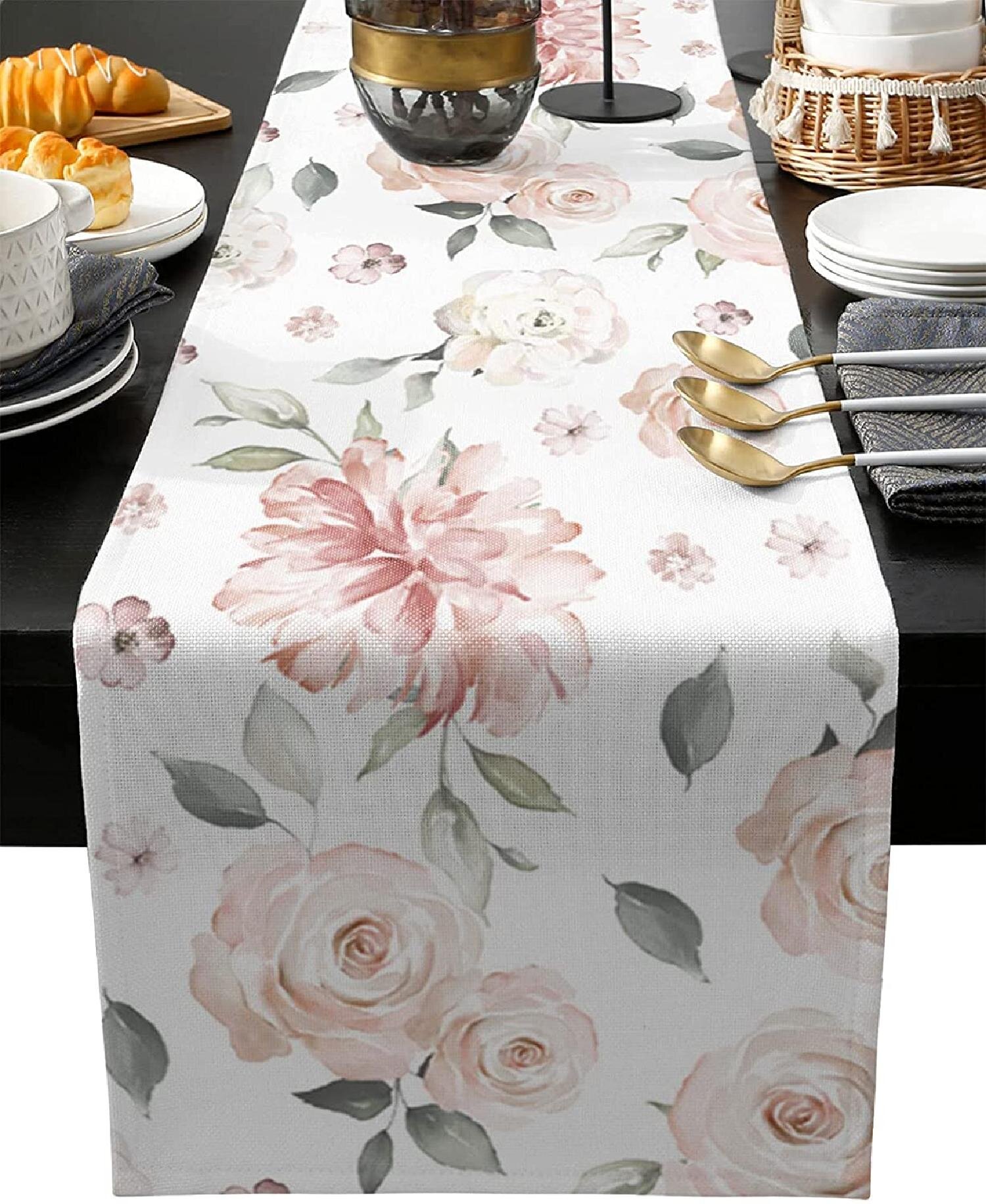 Large Stain-resistant tablecloth Linen Roses Flowers Hand Made Gift Napkin 