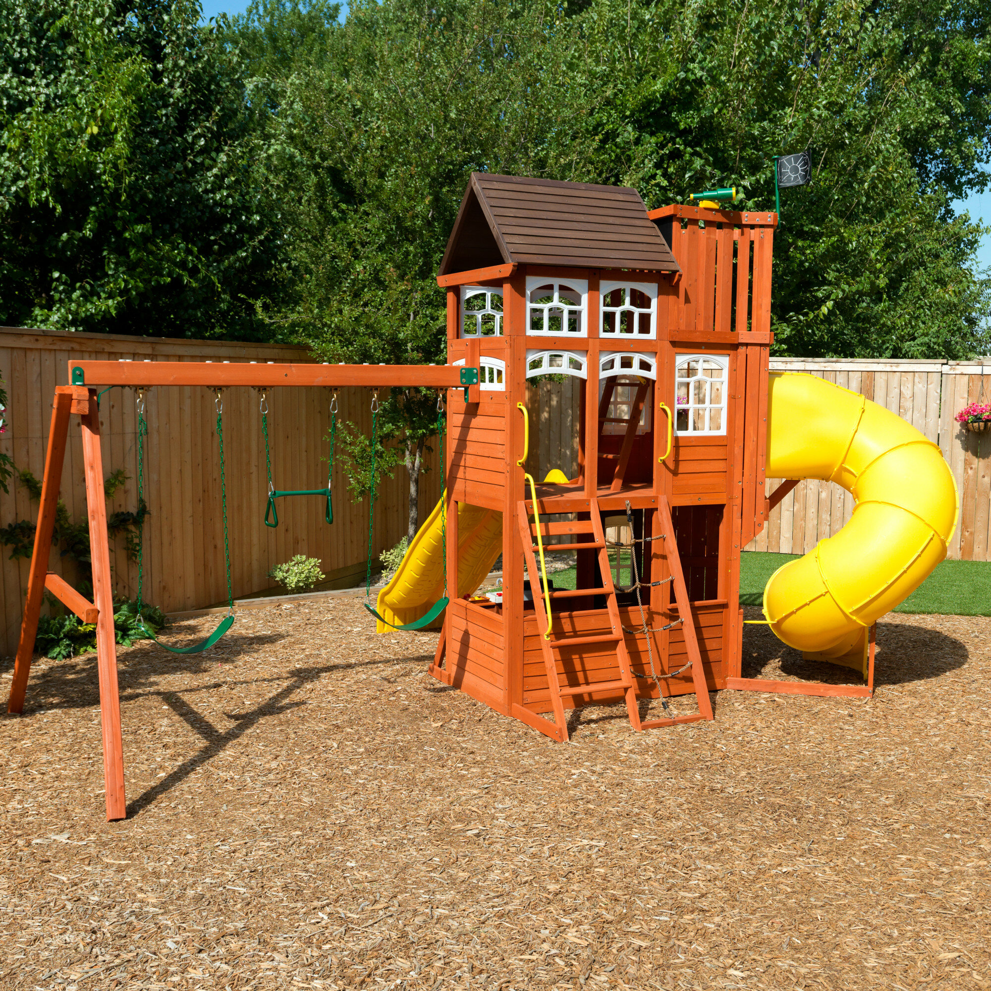 wooden lookout playhouse with slide