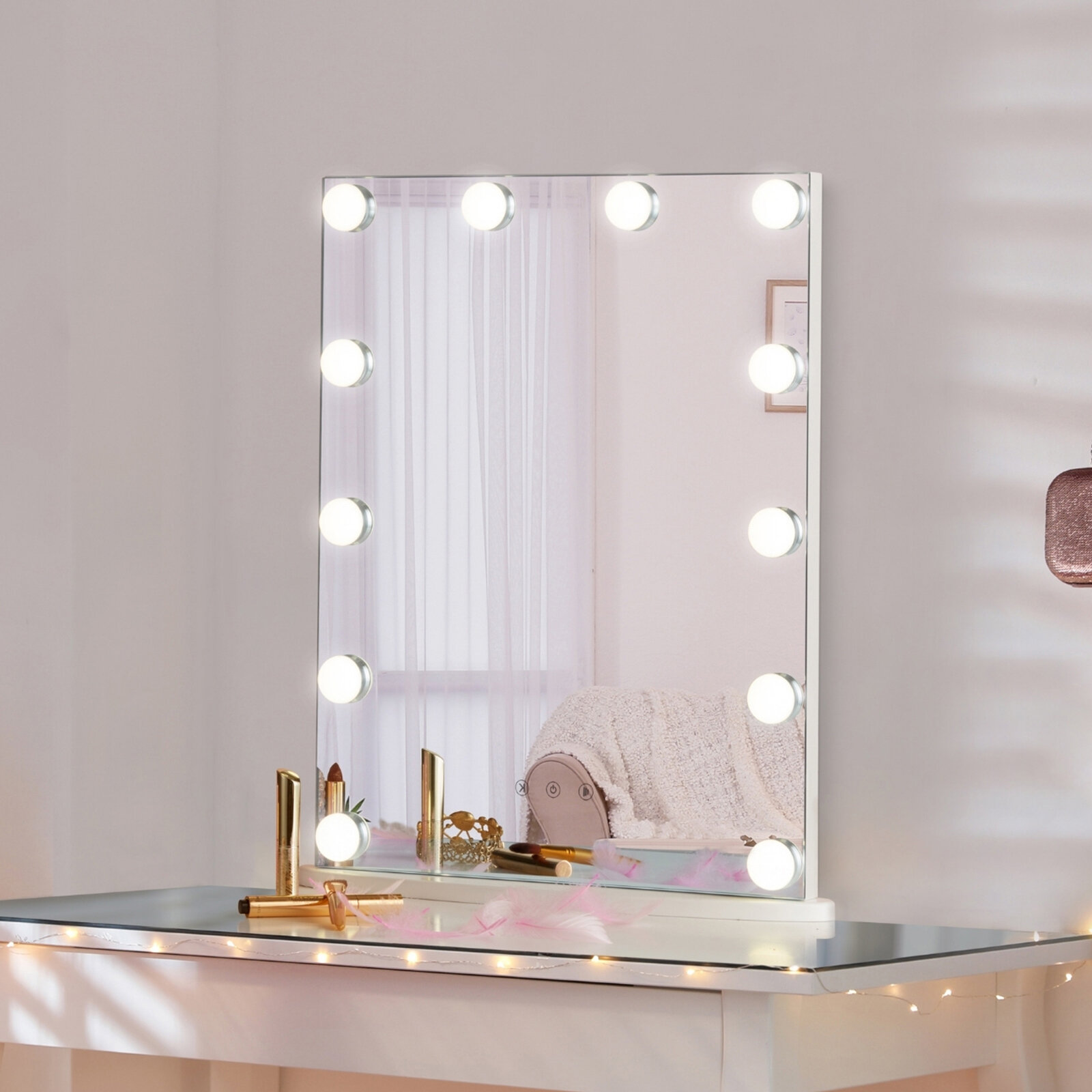White LUXFURNI Hollywood Lighted Vanity Makeup Mirror w/ 13 LED Lights Touch Control Dimmable Cold/Warm Light Adjustable Angle for Dressing Table 