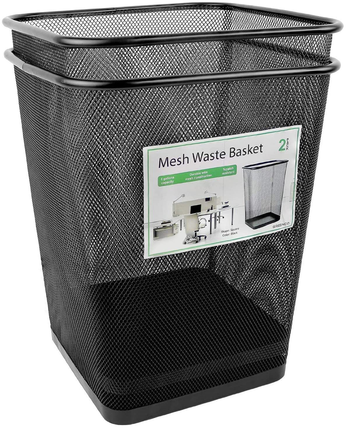 Greenco Black Mesh Trash Can Wastebaskets, Square, 6 Gallon, 2 Pack