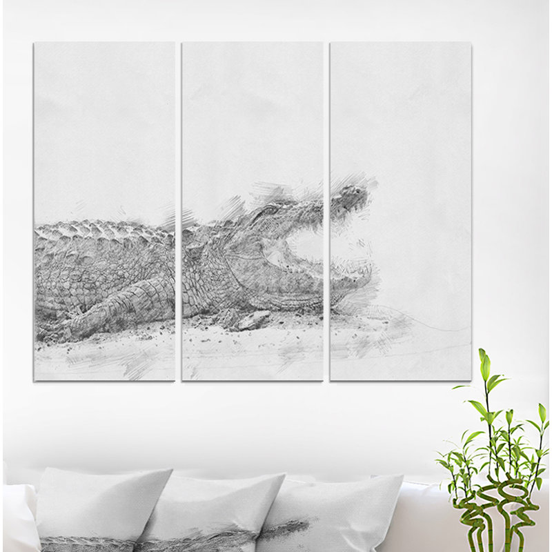 East Urban Home Black And White Crocodile Pencil Sketch Oil